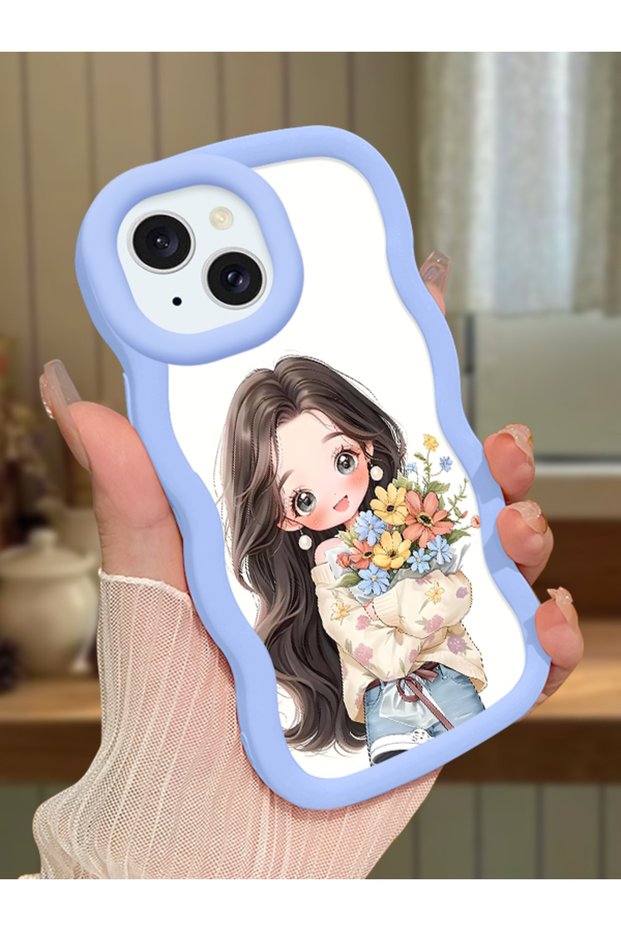 iPhone 15 Compatible Case Camera Protector Blue Silicone Couple Phone Case Girl Pattern