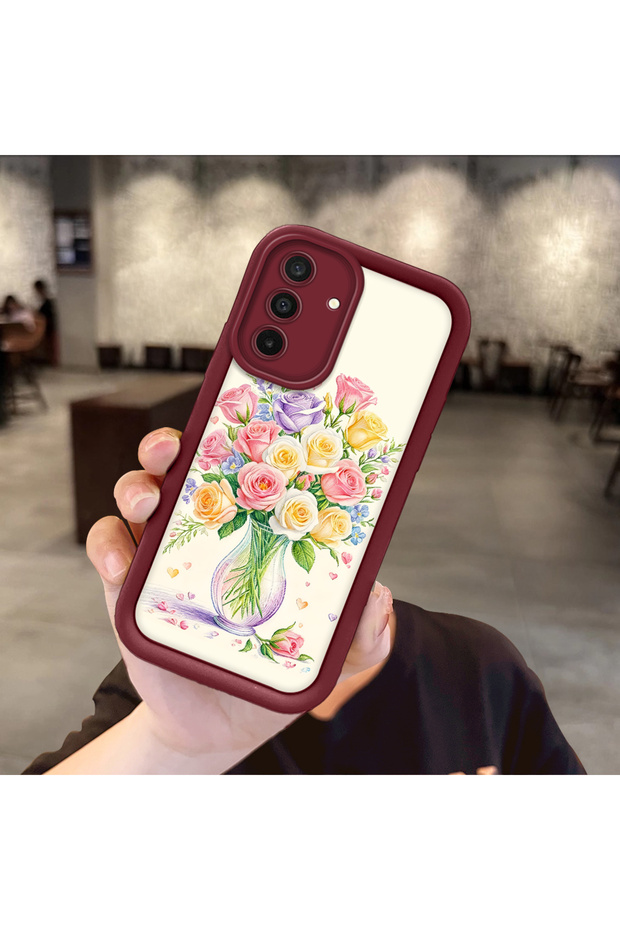 Samsung Galaxy A26 Compatible Case Camera Protector Burgundy Silicone Couple Phone Case Floral Pattern