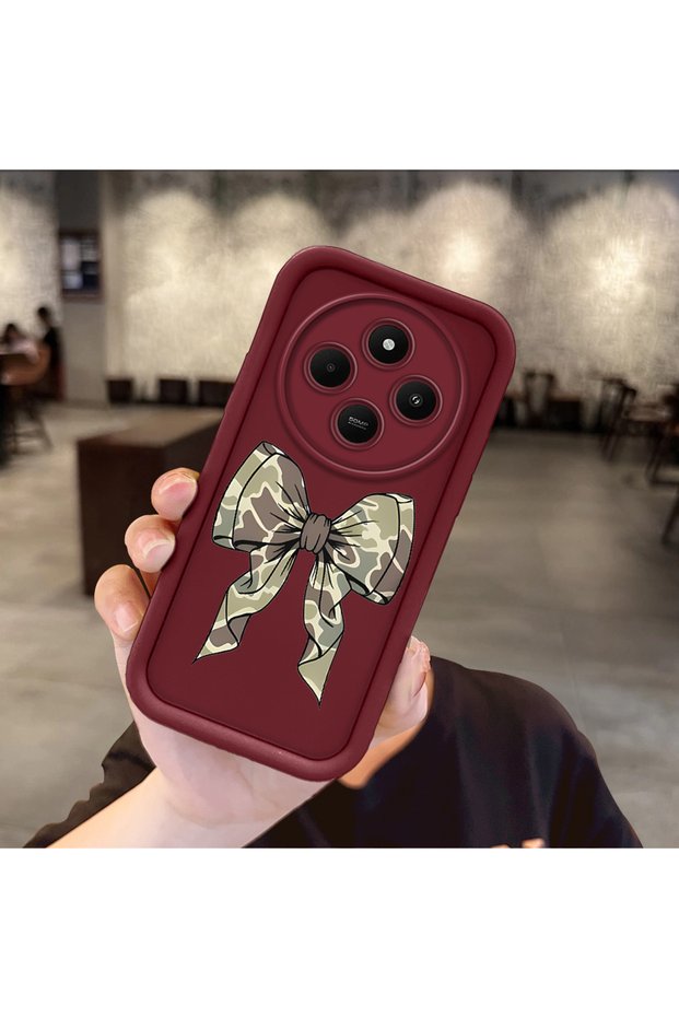 Xiaomi Redmi 14C Compatible Case Camera Protector Burgundy Silicone Couple Phone Case Bow Tie Pattern
