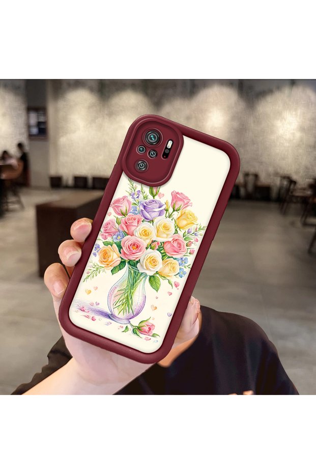 Xiaomi Redmi Note 10 Compatible Case Camera Protector Claret Red Silicone Couple Phone Case with Floral Pattern