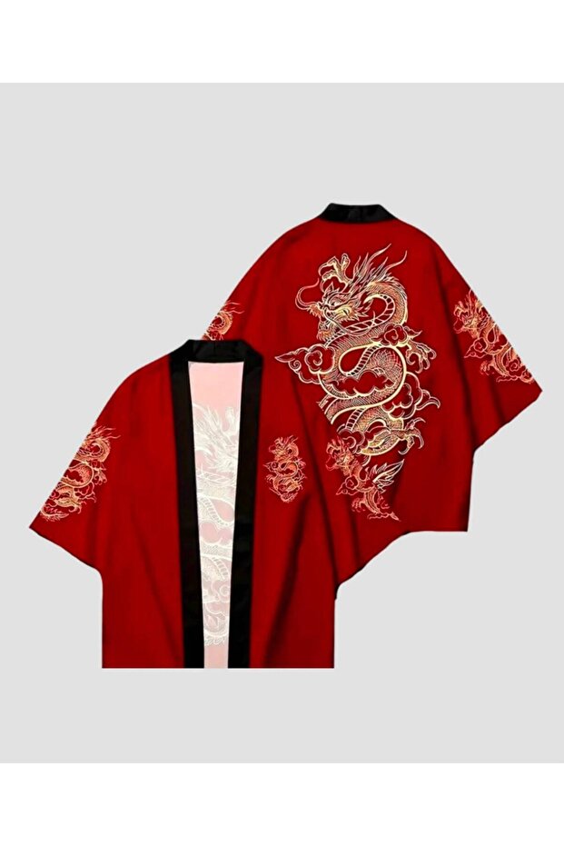 Dragon Design Red Black Detailed Unisex Kimono