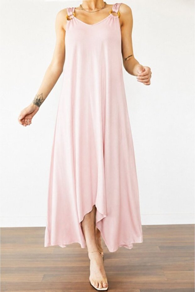 Women's Strappy V-Neck Viscose Maxi Dress with Ring Detail and Asymmetrical Cut