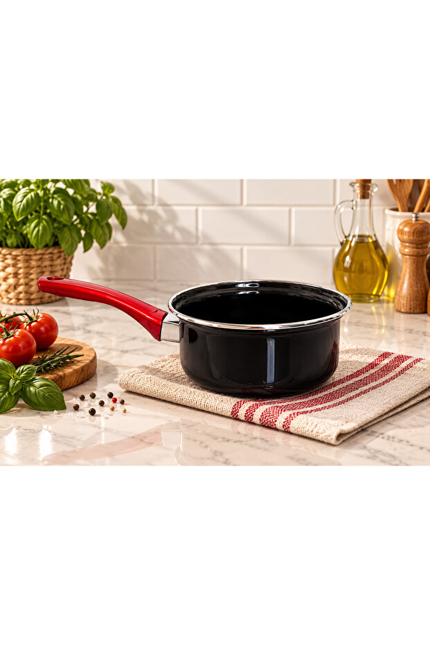 14 cm Enamel Saucepan and Milk Pot – Black Body, Red Handle Mini Casserole