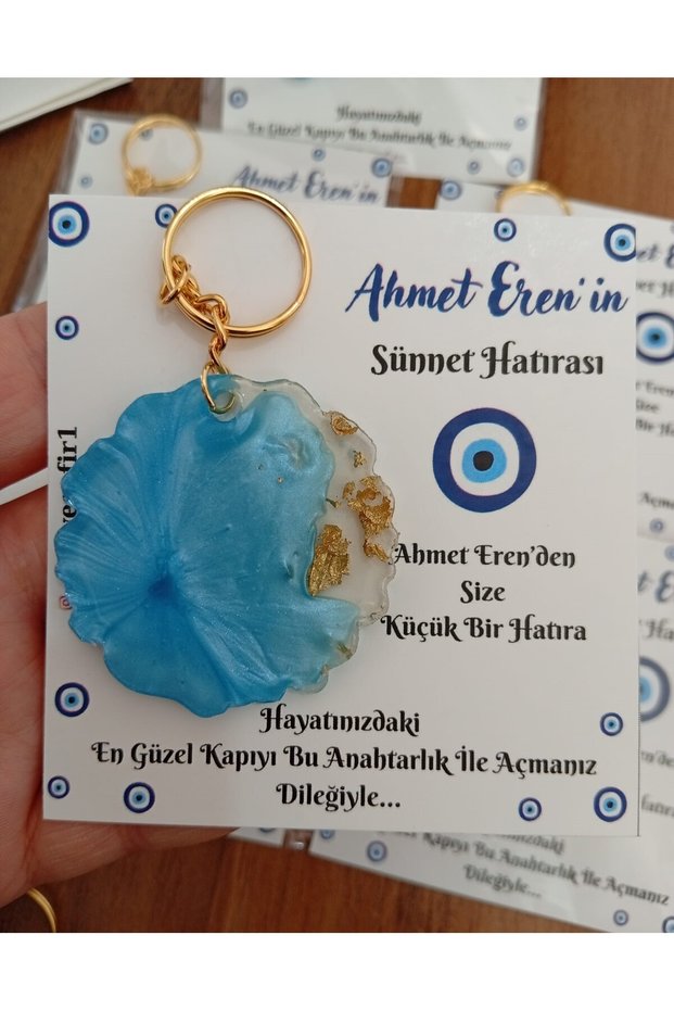 Evil Eye Beaded Card Round Keychain 10 Pieces Mevlüt Circumcision Baby Birthday Gifts