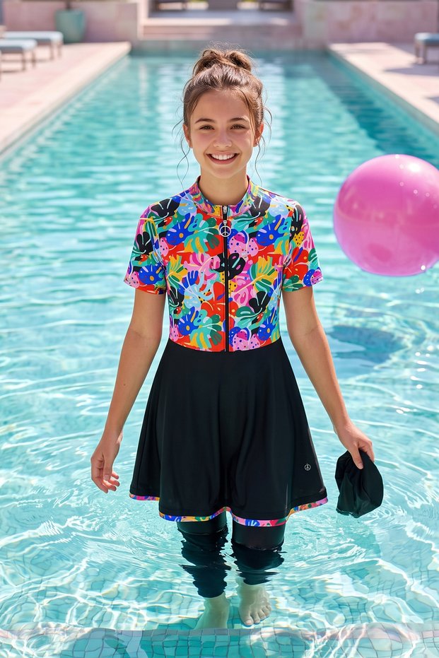 Young Girl's Short Sleeve Semi-Closed Hijab Swimsuit 6649 Black04