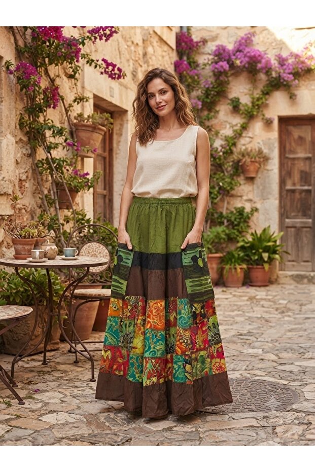 Women's Nepalese Ethnic Patterned Skirt with Elastic Waist and Pockets