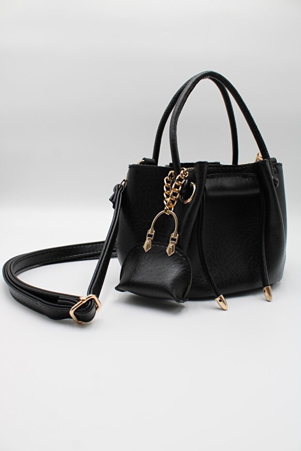 Women's Black Drawstring Crossbody Hand and Shoulder Bag with Charm Accessories