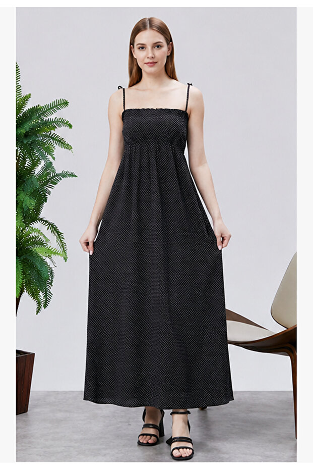 Patterned Cotton Long Summer Black and White Patterned Women's Dress - Shoulder Tie Strap Gathered Gipeli Women's Casual Dress
