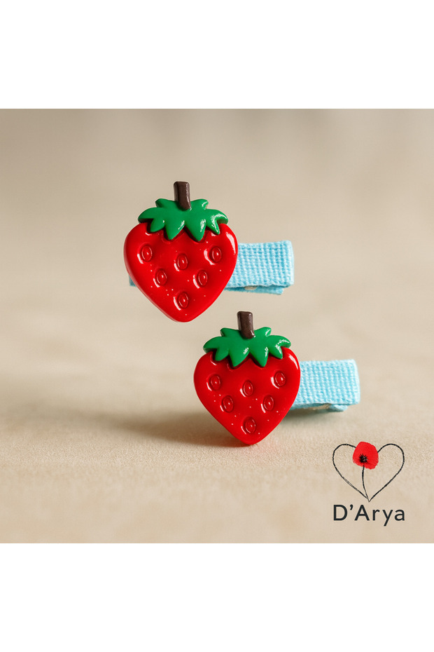D’Arya Handmade Strawberry Figured 2-Piece Girls' Snap Hair Clips – Blue Children's Hair Accessory with Ceramic Fruits Dd848