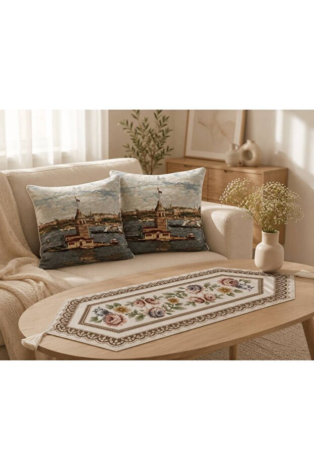 Pearl of the Strait Tapestry Throw Pillow & Runner Set 1 X (35X85 Runner) + 2X (45X45 Reversible Throw Pillow Covers)