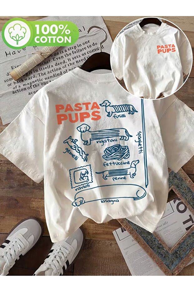 Unisex Pasta Pups Printed Oversize Crew Neck T-Shirt