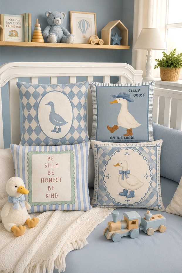 Set of 4 Children's and Baby's Throw Pillow Covers with Pattern of Geese Wearing Boots