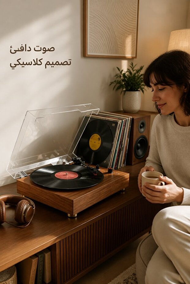 مشغل أسطوانات خشبي بتقنية البلوتوث 5.4 مع سماعات مدمجة وثلاث سرعات وإيقاف تلقائي للاستخدام المنزلي