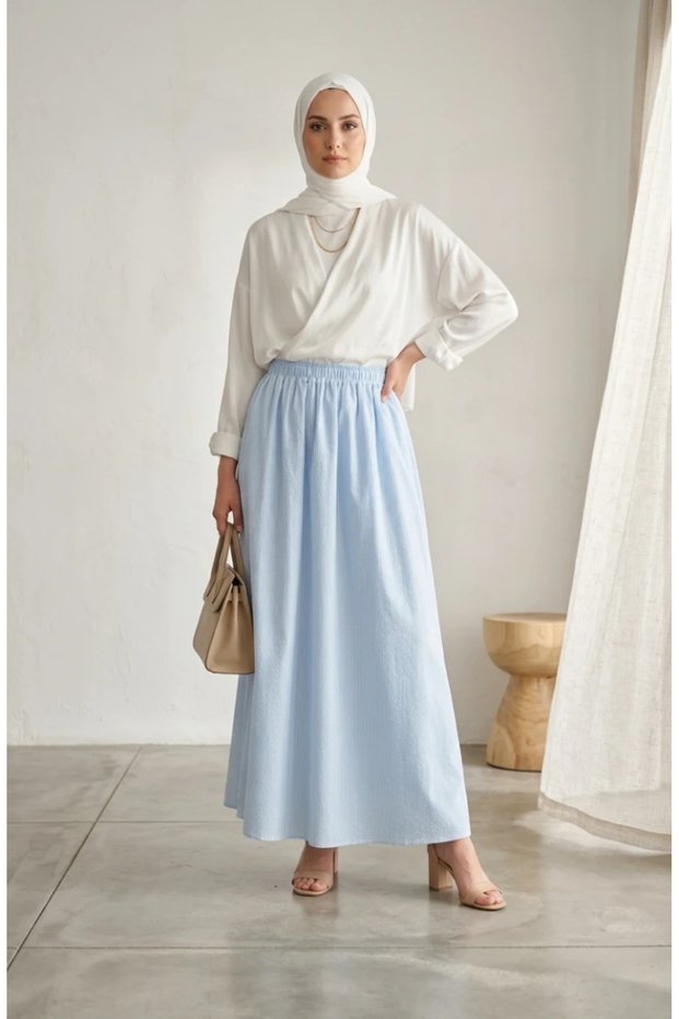 Viscose Fabric Elastic Waist Striped Skirt 0348-10 Baby Blue