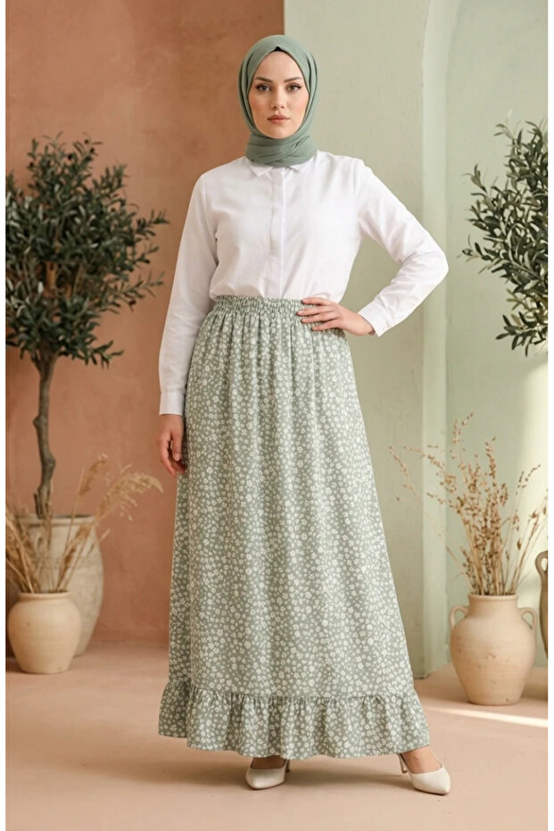 Elastic Waist Floral Patterned Skirt 0304-02 Khaki