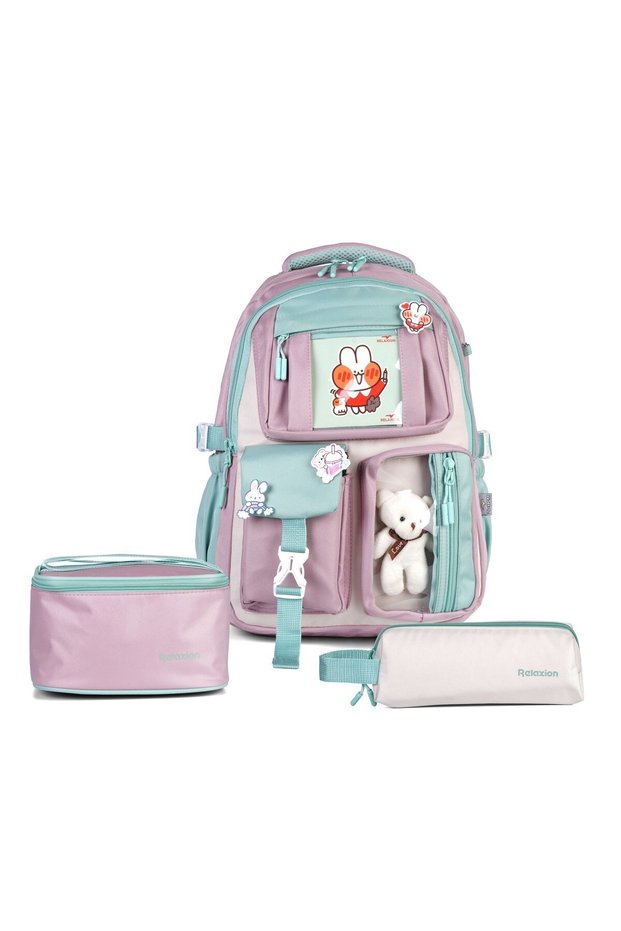 Set of 3 Children's Primary School Bags with Pen Holder and Lunch Bag Backpack Rlx-1950