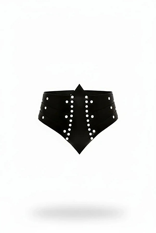 Black Women's Belt with Staple Detail Thick Corset Belt
