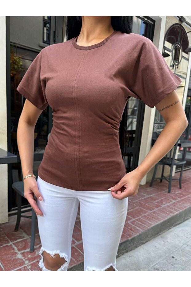 Women's Clothing Brown Viscose Texture Side Gathered Blouse