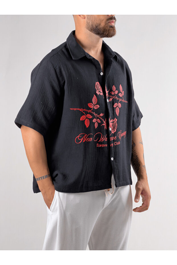 Floral Black Muslin Men's Shirt Coc3270