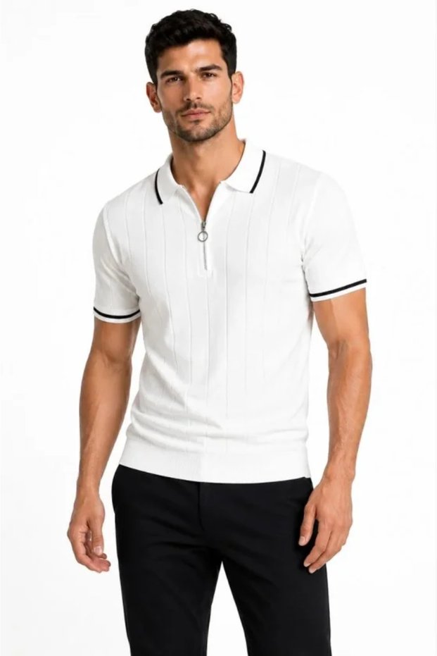 Men's Ribbed Knitwear T-Shirt Polo Collar Half Zipper Short Sleeve T-Shirt - White