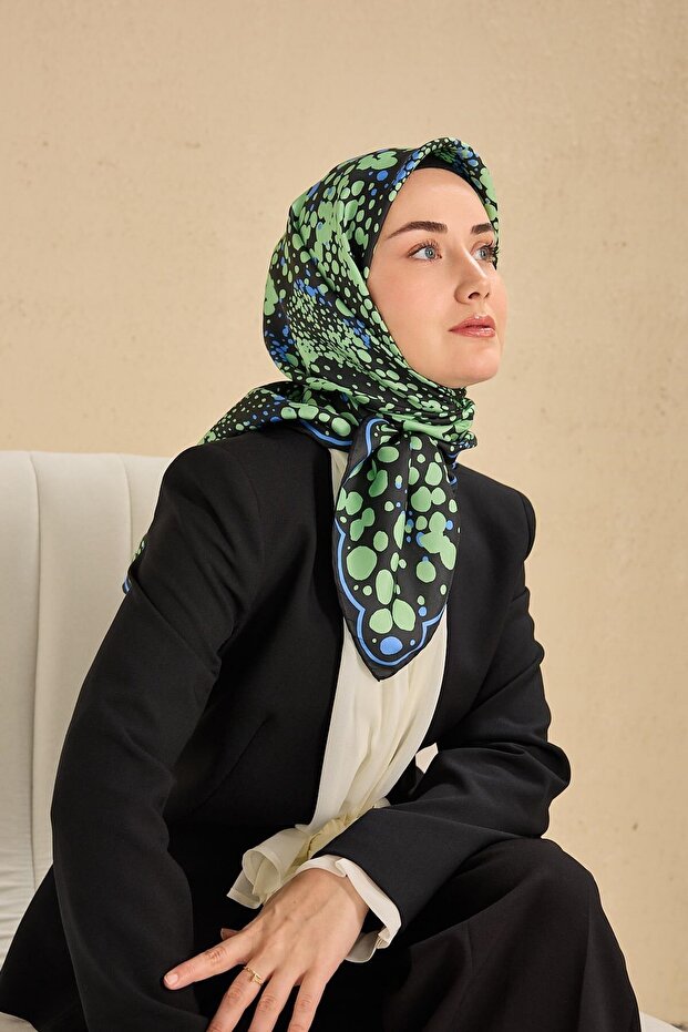 Twill Silk Scarf Milky Way Black Green 90X90
