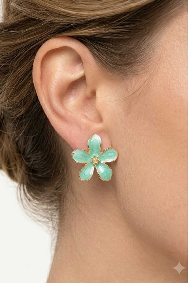 Water Green 5 Petal Flower Gold Women's Earrings