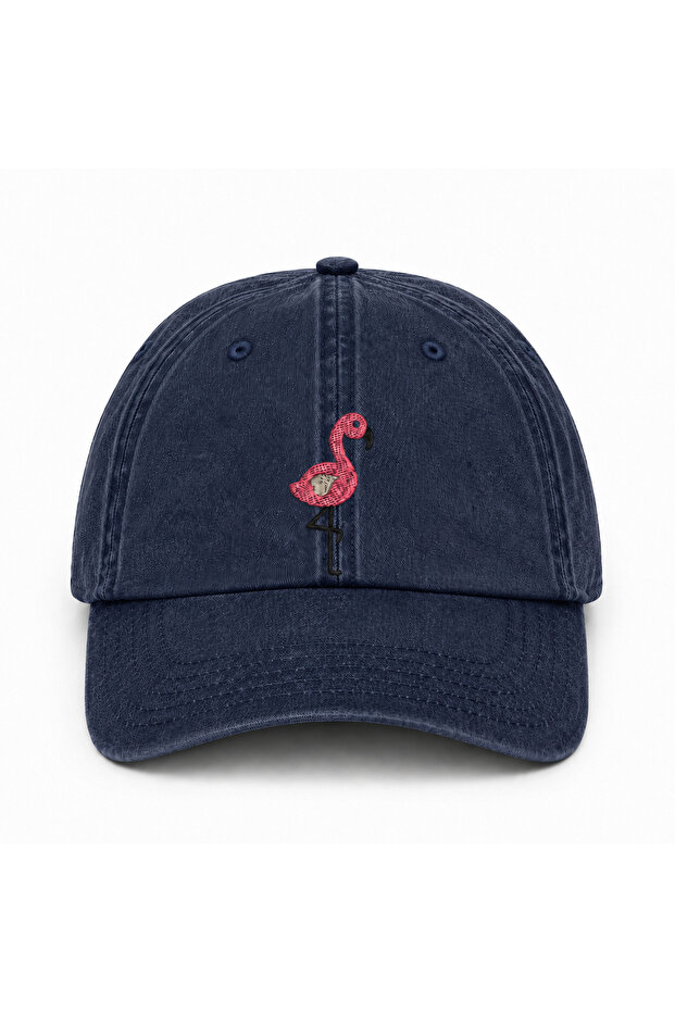 Flamingo Embroidered Unisex Cotton Vintage Washed Adjustable Cap Hat (Flamingo Embroidered Hat)