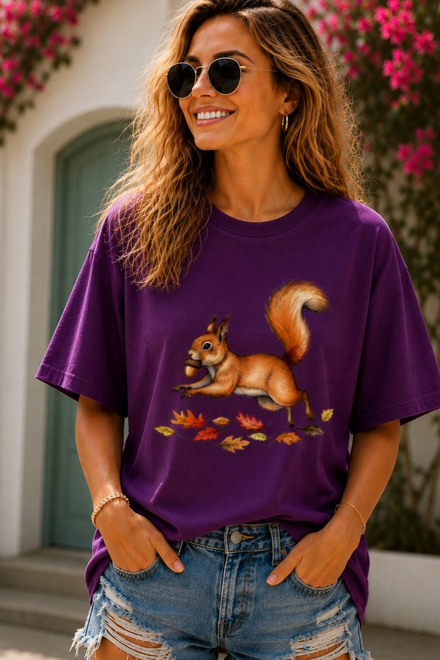 Cute Squirrel Printed Crew Neck Casual Unisex Oversize T-Shirt - Autumn Themed Cotton T-Shirt