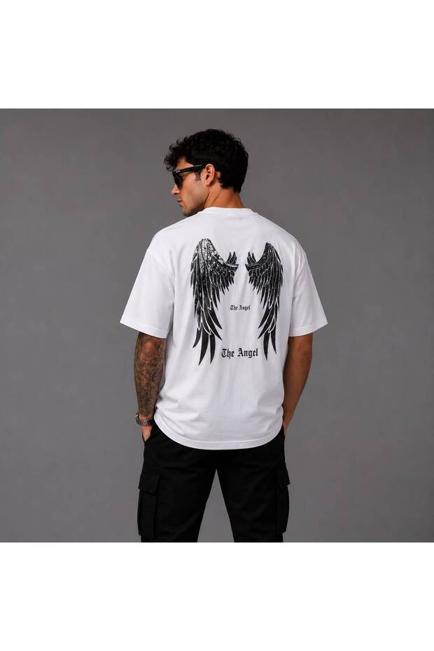 White Oversize the Angel Cotton Back Printed Relaxed Fit Unisex T-Shirt