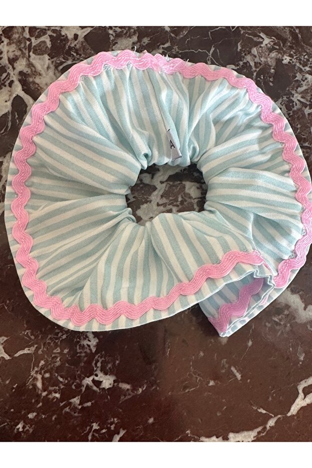 Blue Striped Candy Pink Double Sided Striped Scrunchie Buckle Rubber Bagel Buckle