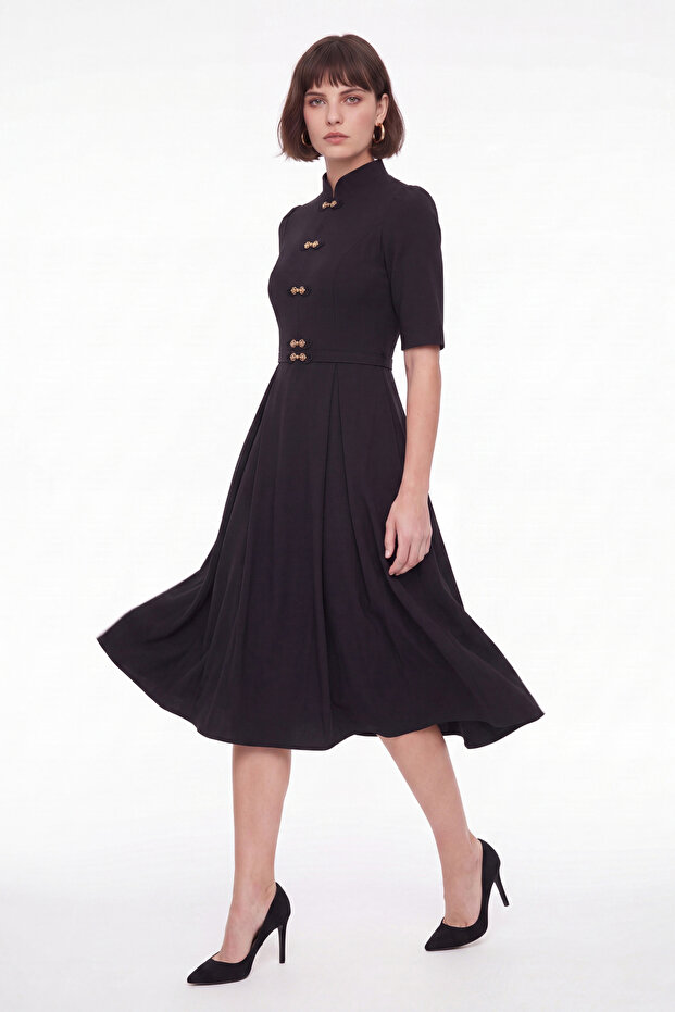 Women's Black High-Neck Accessory Detailed Midi Flared Event Dress