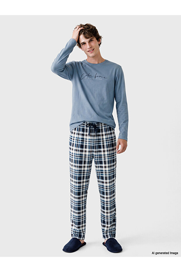 Navy Blue Regular Fit Plaid Men's Pajama Set