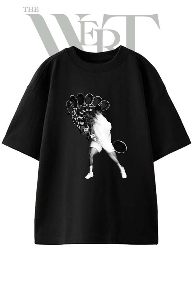 Tennis Stroke Design Printed Unisex Black Oversize T-Shirt
