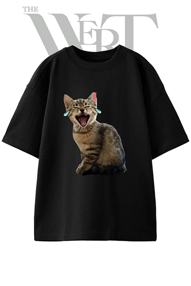 Aglayan Laughing Cat Design Printed Unisex Black Oversize T-Shirt