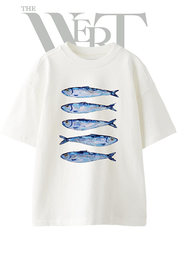Sardine Painting Design Printed Unisex White Oversize T-Shirt