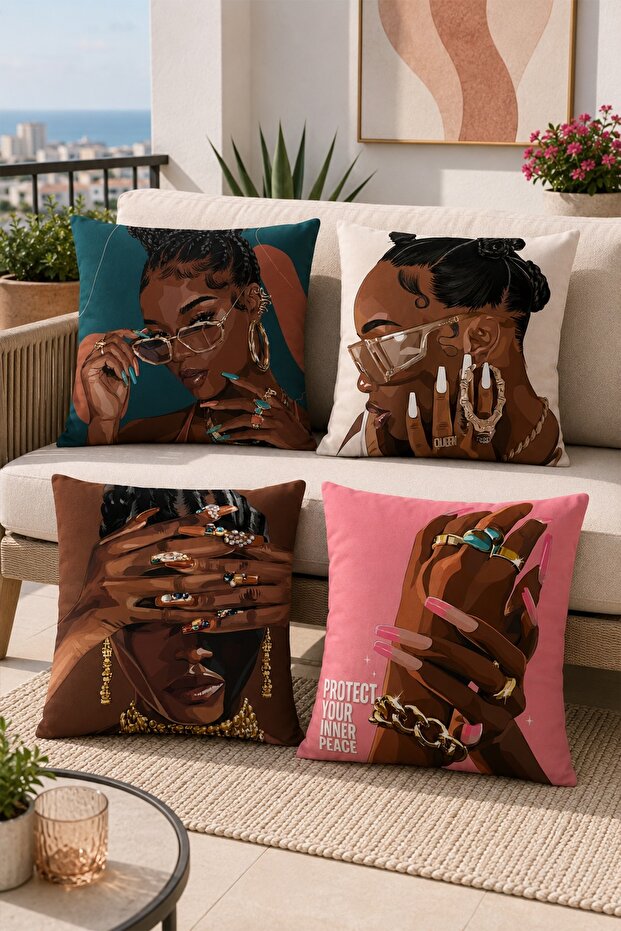 Fancy Brunette Girl Patterned 4-Piece Throw Pillow Cover Set