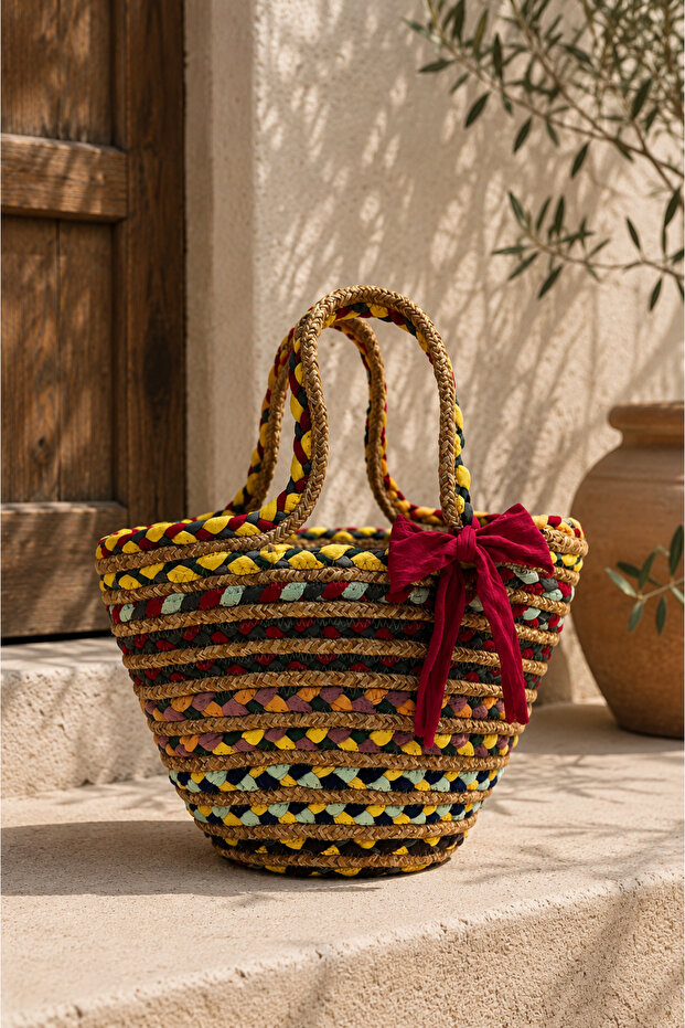 Lola Bow Detailed Straw Handbag Natural Weave Summer Beach, Daily Stylish Design Bag