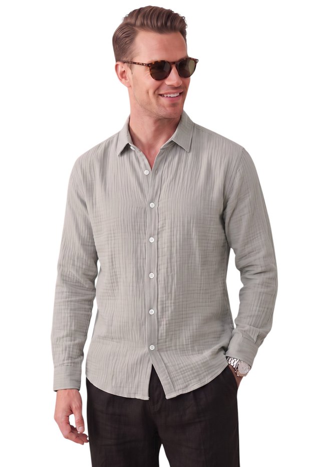 Gray 97% Cotton Muslin Fabric Breathable Summer Comfortable Cut Men's Shirt 2602619