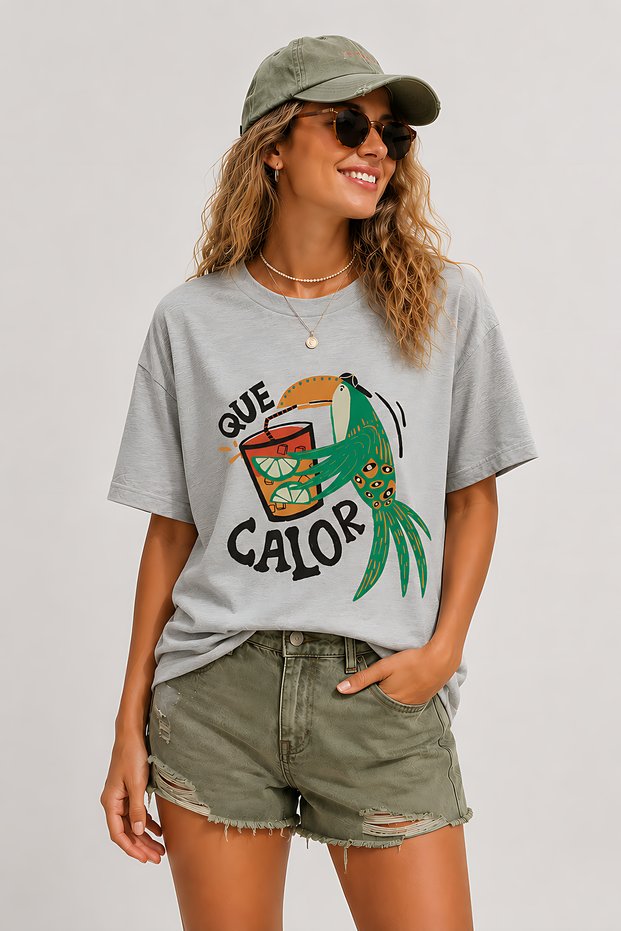 Que Calor Papağan Printed Crew Neck Casual Unisex Oversize T-Shirt - Tropical Summer Themed Cotton T-Shirt