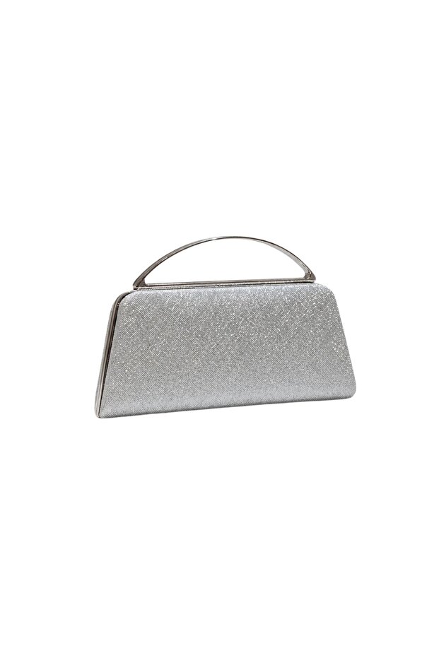 Elegant Evening Dress Bag with Shimmering Metal Handle - Silver Glitter