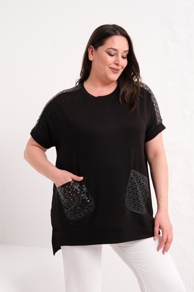 Women's Viscose Blouse with Leather Detail on Shoulders and Pockets