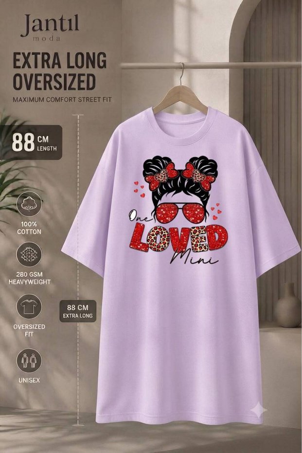 Crew Neck Loved Written Leopard Patterned Girl Figure Extra Long Oversize Tunic T-Shirt Short Sleeve
