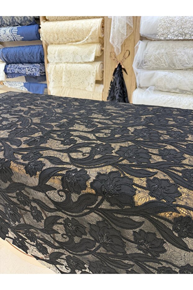 Black Cordone Floral Patterned Sequin Embroidered Luxury Lace Fabric | Evening Dresses & Special Designs