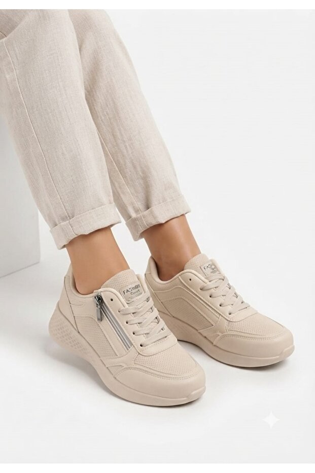 Women's Zippered and Laced Non-Yellowing Sole Sneaker Shoes-Beige