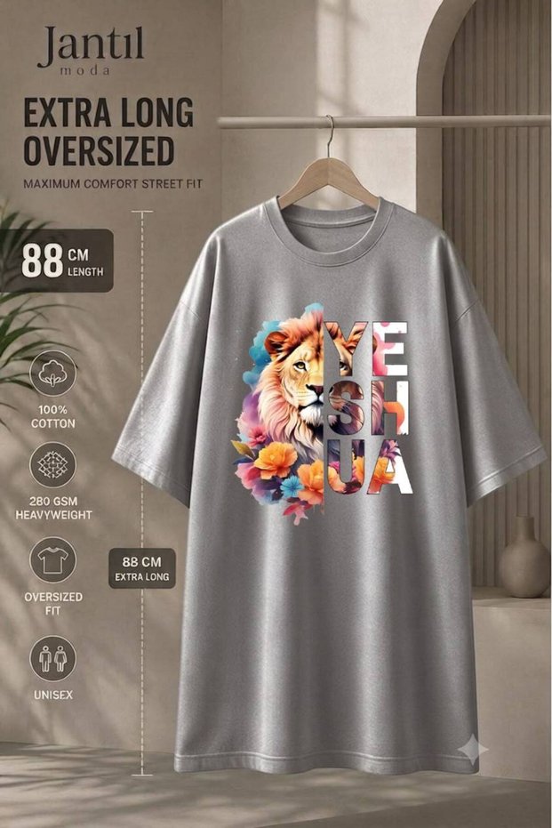 Crew Neck Lion and Flower Composition Yeshua Written Extra Long Oversize Tunic T-Shirt Short Sleeve