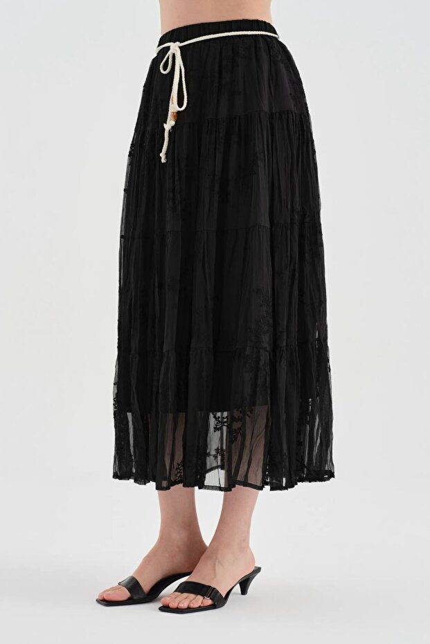 Women's beaded belted lined skirt with elastic waistband design