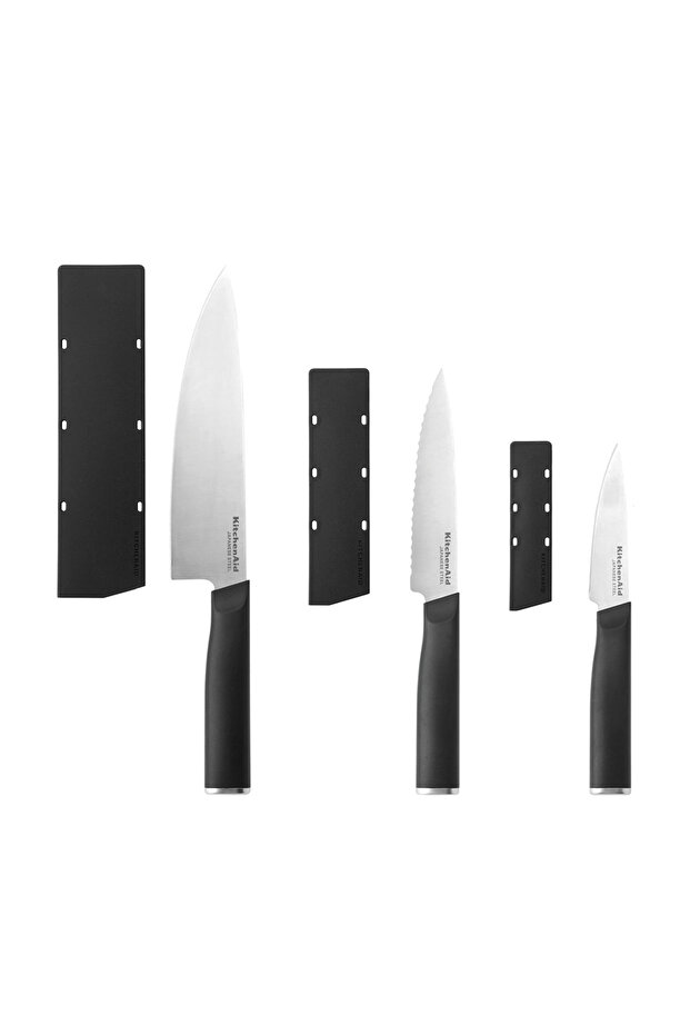 3-Piece Japanese Knife Set – High-Carbon Japanese Steel Chef, Utility & Paring Knives with Black Handles & Blade Covers