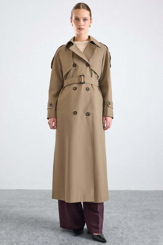 Long Trench Coat with Cape and Epaulette Detail, Button Accessories, Water Repellent Feature Vi̇zon 6880
