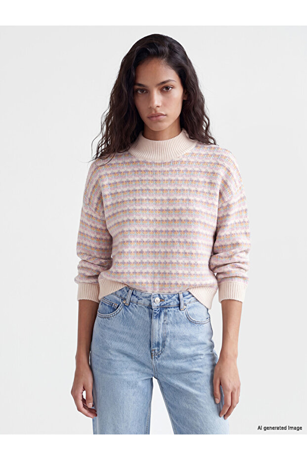 Xside Pink Half Turtleneck Patterned Women's Knitwear Sweater