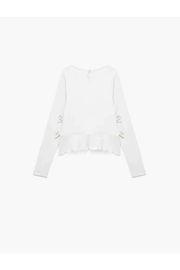 Ruffle Detailed Long Sleeve Crew Neck Bow Blouse